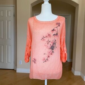 Floral Peach Silk Blend Women's Top with Attached Pearl Beads Size Large